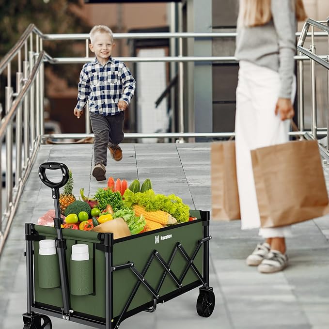 Navatiee Portable Foldable Collapsible Wagon with Wheels, 220lbs Weight Capacity Utility Grocery Shopping Cart, Lightweight Mini Folding Wagon for Outdoor, ArmyGreen