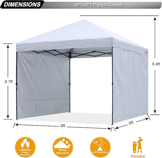ABCCANOPY Easy Pop up Canopy Tent with 2 Sidewalls for Outdoor Sun Blocking or Rain Protection, 8x8, White