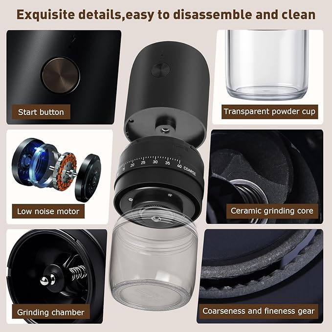 Portable Electric Burr Coffee Grinder with 40 Adjustable Settings, Conical burr coffee grinder, Coffee Bean Grinding Machine with Conical Burr Coffee Grinder 1800mAh Rechargeable for Travel, Home