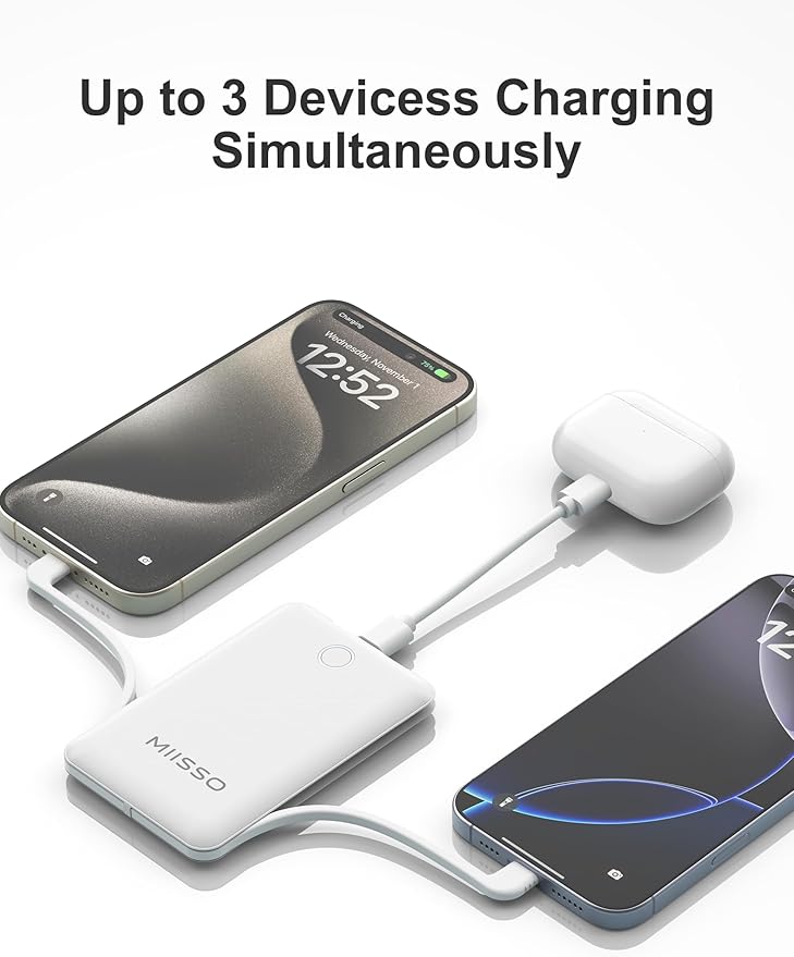 10000mAh Slim Portable Charger with Built in Cable, Power Bank Travel Charger External Battery Pack for Phone, 3 Output USB Type C Cord Clutch Charger Compatible with iPhone, 2 Pack Black & White