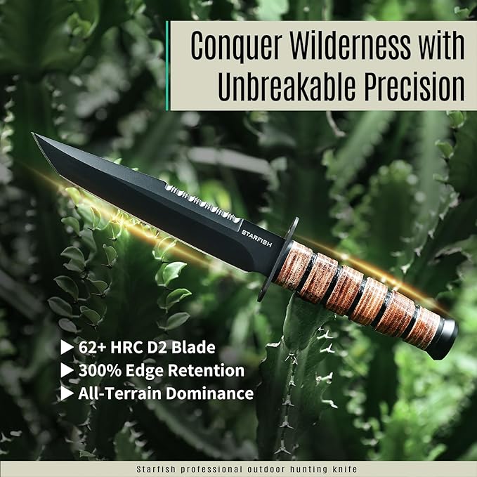 STARFISH Full Tang Fixed Blade Knife, 7.0” DC53 Steel Blade with Black Titanium Coating Hunting Knife with Sheath, Ergonomic Leather Handle Bushcraft Bowie Knives for Camping, Hiking