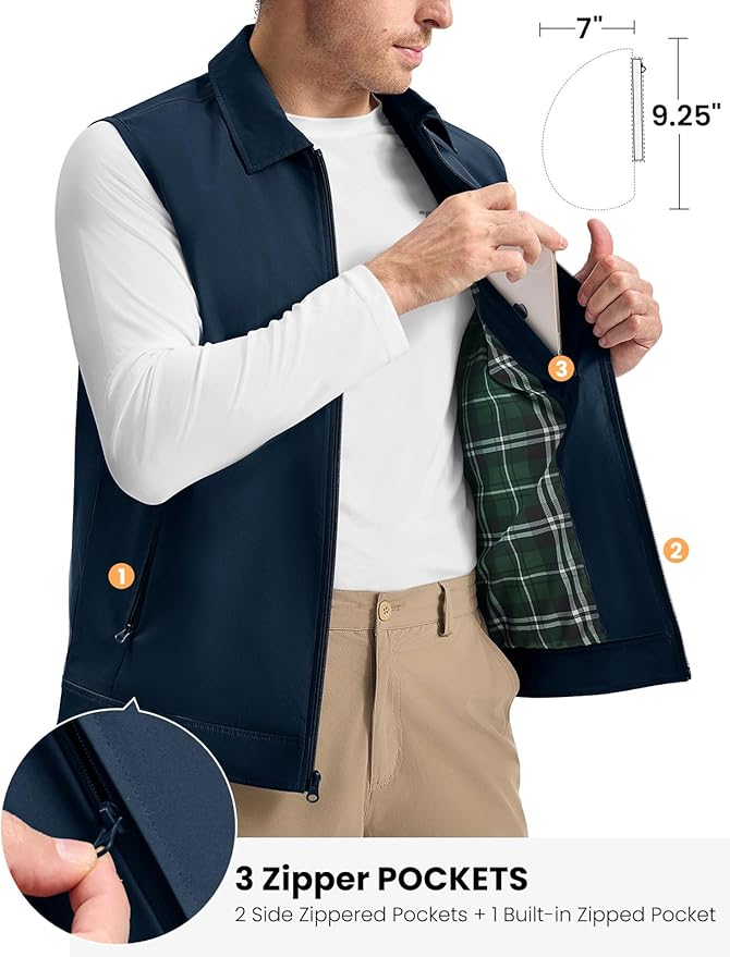 TBMPOY Men's Vest Casual Lightweight Thin Utility 3 Zip Pockets Stylish Sleeveless Jackets Summer Fall Golf Travel Business