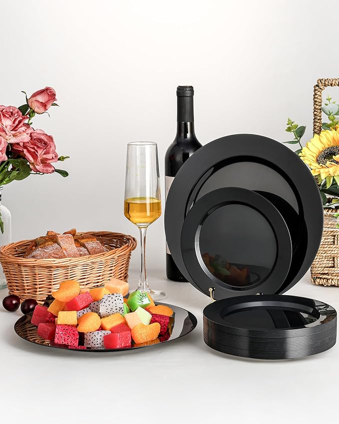 100PCS Black Plastic Plates, Disposable Party Plates with 50 Dinner Plates and 50 Dessert Plates, Plastic Plates for Party, Wedding Birthday and Halloween (Black, 100PCS)