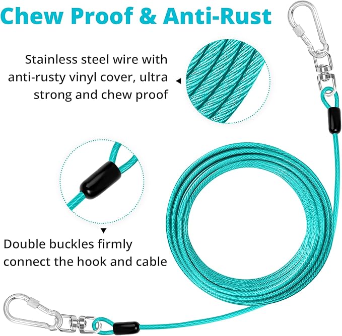 jenico Dog Tie Out Cable: 20 ft Dog Lead for Yard - Heavy Duty Chain Leash Outside for Small Large Dogs Up to 500 lbs - Outdoor Dog Runner Tether