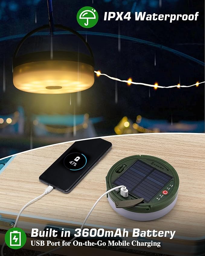 Anpro 4 in 1 Solar Camping String Lights, 39.4Ft Ultra Long String with 150LEDs, 3600mAh Solar Powered and USB Rechargeable Light with Remote Control, Portable Camping Light for Hiking, Decorations