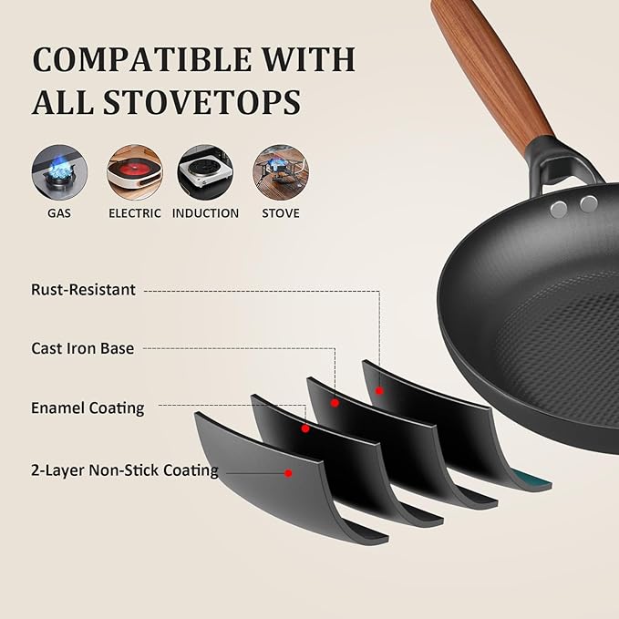 YUTANN 12 Inch Cast Iron Skillet, Pre-Seasoned Frying Pan with Diamond-Textured for Oil-Saving Cooking, Nonstick & Non-Toxic, PFAS/PFOA-Free, Easy to Clean