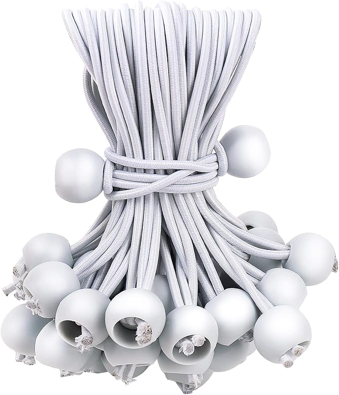 50PCS White Bungee Cords, 12 Inch Heavy Duty Outdoor Bungee Cord with Balls, Tarp Tie Down Bungee Balls for Shelter, Camping, Cargo, Tent Poles UV Resistant