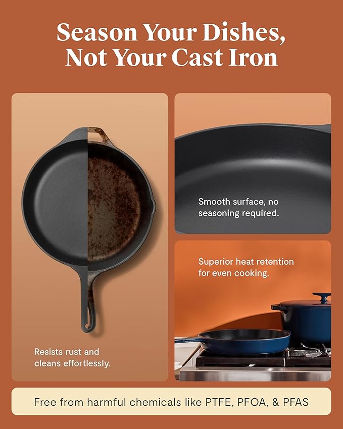 Caraway Cast Iron Skillet - 12” Enameled Cast Iron Pan With 3 Layer Enamel Coating - No Seasoning Required - Compatible With All Stovetops - Free From Forever Chemicals - Gray
