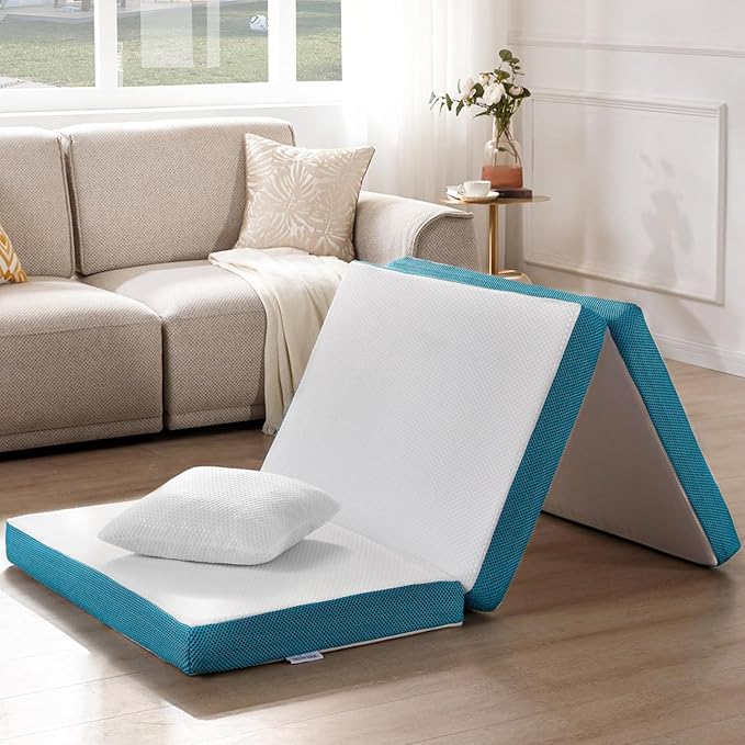 SINWEEK Memory Foam Folding Mattress, 4 Inch Foldable Trifold Mattress Topper, CertiPUR-US Certified Guest Bed with Cooling Cover & Waterproof Lining