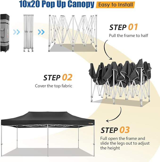 HOTEEL 10x20 Pop up Canopy Tent for Parties, Heavy Duty Easy Setup Tent Without Sidewalls, Outdoor Commercial Instant Gazebo for Wedding Event, with Roller Bag & Sand Bags, Black(Hexagonal Frame)