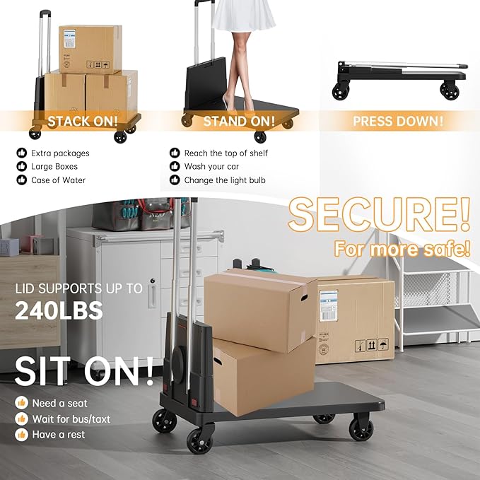 Folding Trolley for Moving, 330 lbs Heavy Duty Luggage,4 Wheel Foldable,Expandable Platform with Bungee Cord, Portable Moving Utility Carts Cart Utility Carts Trolley Cart, (Black, L)
