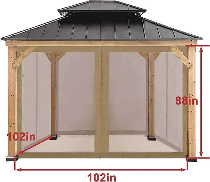 Coastshade Gazebo Canopy Mesh Walls Replacement 8x8 Gazebo Pergola Mosquito Screen Netting for Gazebos with 42Curtain Rings & 42Rail Hooks,Khaki