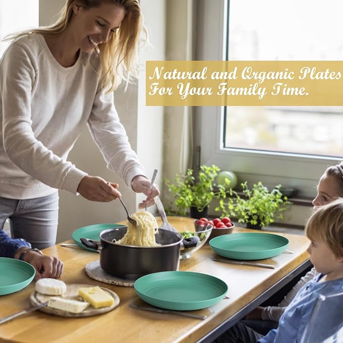 Wheat Straw Plates - 10 Inch Unbreakable Dinner Plates Set of 8 - Dishwasher & Microwave Safe Plastic Plates Reusable for Indoors and Outdoors (Green)
