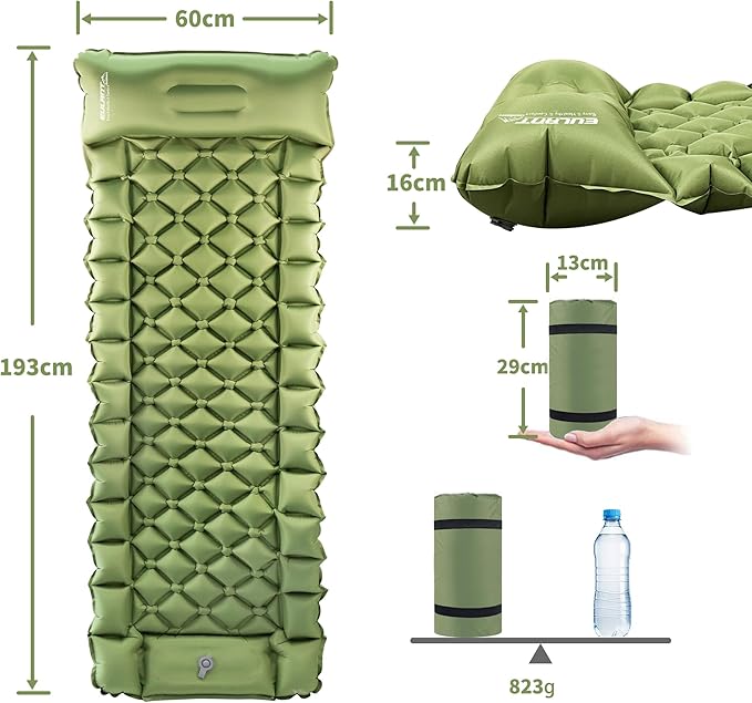 EULANT Single Sleeping Pad for Camping with Built-in Pillows & Foot Pump,Ultralight & Portable Self Inflating Air Mat for Camping Backpacking Hiking Tent
