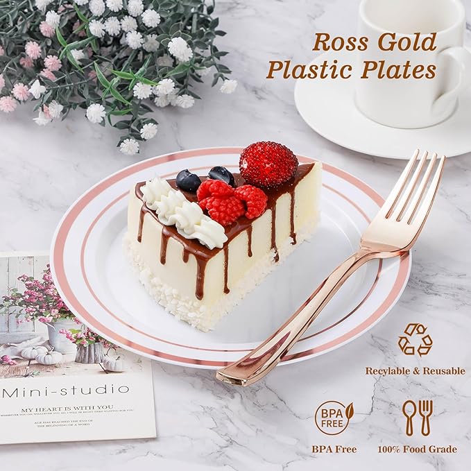 200PCS Rose Gold Plastic Plate, Disposable Party Plates with 100 Dinner Plates and 100 Dessert Plates, Plastic Plates for Party, Wedding and Birthday