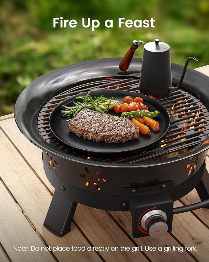 AMADA HOMEFURNISHING 24″ Propane Fire Pit with Grill Grate, 58,000 BTU, Folding Legs, Propane Tank Holder, Cover, and Carry Strap, No Ignition Needed, Easy Flame Adjustment, CSA-Certified, Portable
