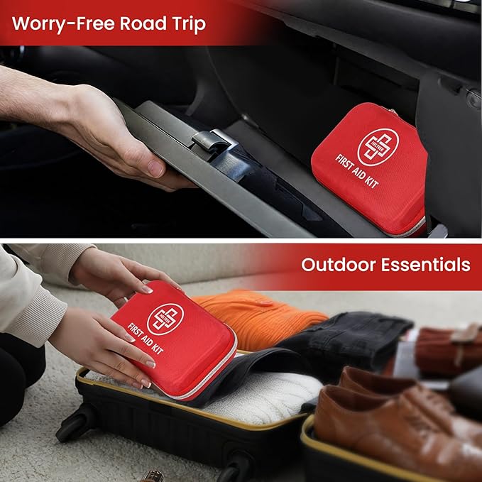 First Aid Kit for Car, 298 Piece Hard Shell Eva Emergency Kits for Travel, Camping, Hiking, Home, Office, Businesses & Outdoor Small Portable Medical Essential Sets, Red