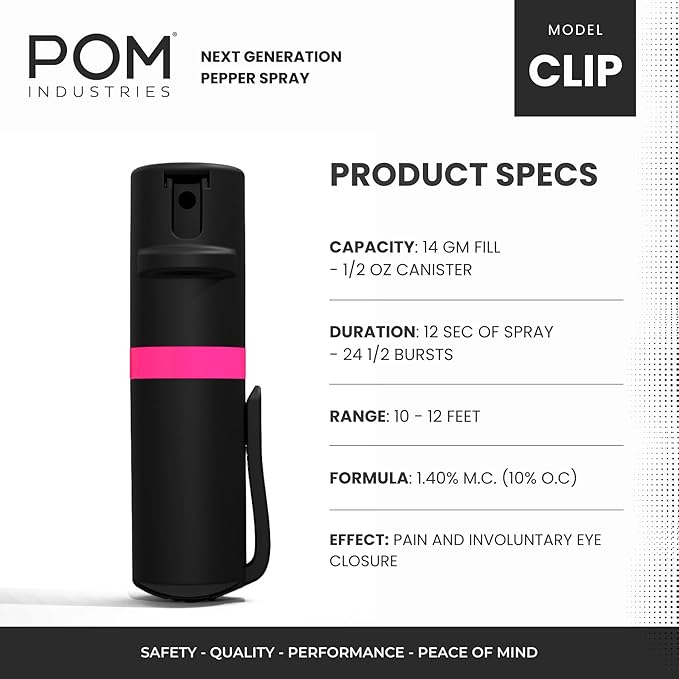 POM Pepper Spray Combo Pack Clip & Keychain - Maximum Strength OC Spray Self Defense- Tactical Compact & Safe Design - 25 Bursts & 10 ft Range - Stream Spray Pattern