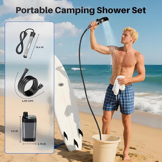 Portable Camping Shower with Heater, 6000mAh Rechargeable Portable Shower with 2000W Immersion Heater, LED Display, Heated Camping Shower for Travel, Hiking, Car, Pet