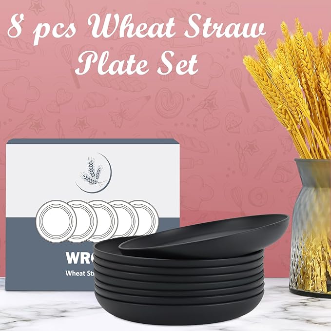 Wheat Straw Plates - 10 Inch Unbreakable Dinner Plates Set of 8 - Dishwasher & Microwave Safe Plastic Plates Reusable - Lightweight Plate for kitchen,camping (Pure Black)