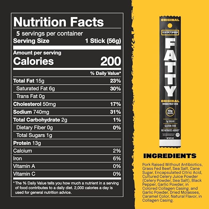 FATTY Meat Sticks, Made with Grass Fed Beef, Pork Raised Without Antibiotics, 13g Protein Per Stick, Original, 2 oz. (Pack of 5)