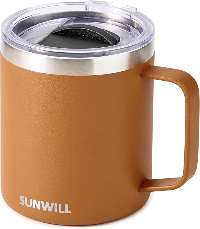 SUNWILL Insulated Coffee Mug with Lid, Travel Tumbler with Handle, 14 oz Stainless Steel Cup for Camping, Office, Home, Powder Coated Caramel