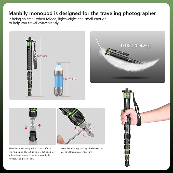 Manbily Carbon Fiber Camera Monopod, 61-inch Portable Compact Lightweight Travel Monopod Walking Stick for DSLR Camera Canon Nikon Sony Video (Green)
