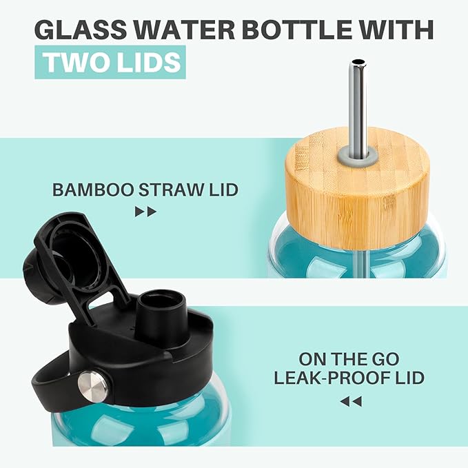 PROBTTL Glass Water Bottles 32 oz, 1 Liter Glass Tumbler, Borosilicate Water Bottle with Straw, Silicone Sleeve, 2 Lids - Handle Spout & Bamboo Straw Lid, Fits Car Cup Holder(AQUA)