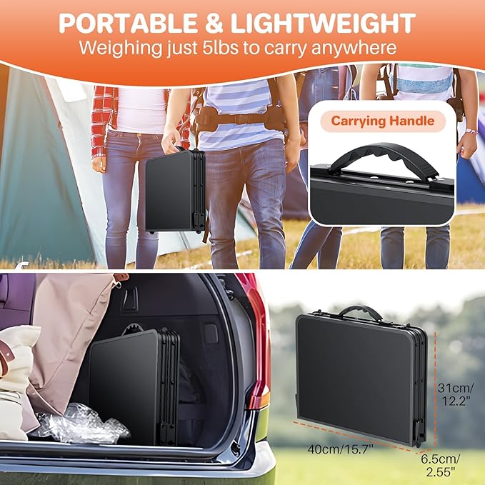 FUNYKICH 2ft Small Folding Camping Table(22.8'' Lx15.7'' W), 3 Height Adjustable Portable Picnic Table, Lightweight Aluminum Outdoor Table with Carry Handle for Camping, Beach, Picnic, Party, Black
