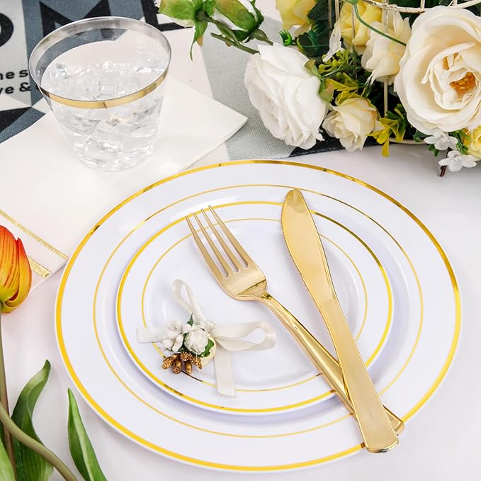 NOCCUR 700PCS Gold Plastic Plates - Gold Disposable Dinnerware Set for 100 - Include 200 Dinner/Dessert Plates,300 Cutlery,100Cups,100Napkins, Idea for Wedding&Party