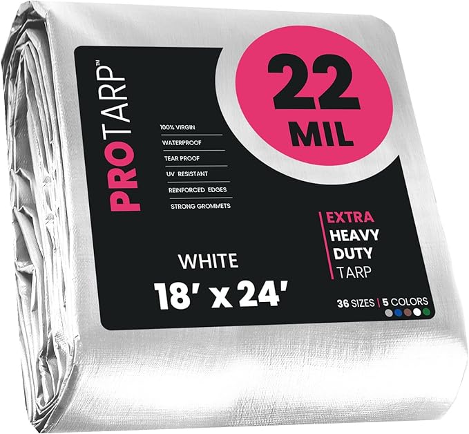 PROTARP Extreme Heavy Duty 22 Mil Tarp Cover, Waterproof, UV Resistant, Rip and Tear Proof, Poly Tarpaulin with Reinforced Edges for Roof, Camping, Patio, Pool, Boat. (White 18′ X 24′)