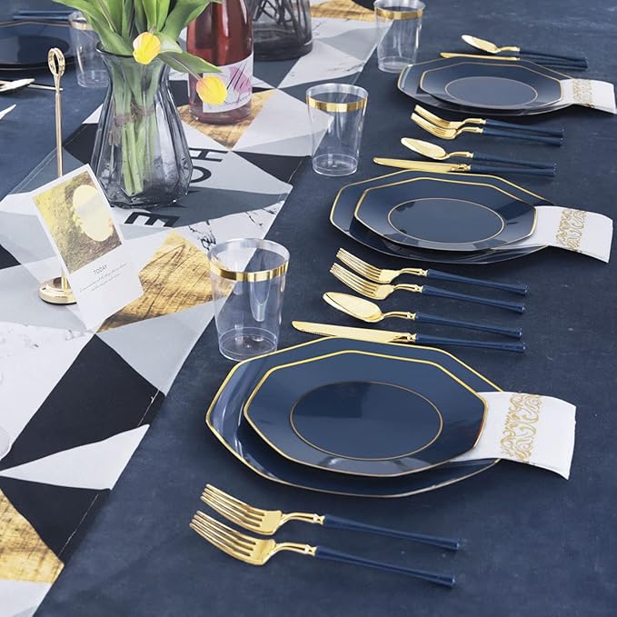 KIRE 140Pcs Blue Plastic Plates with Gold Rim - Gold Disposable Plastic Silverware with Blue Handle&Clear Cups&Hand Napkin - Geometric Party Plates for Holiday/Party