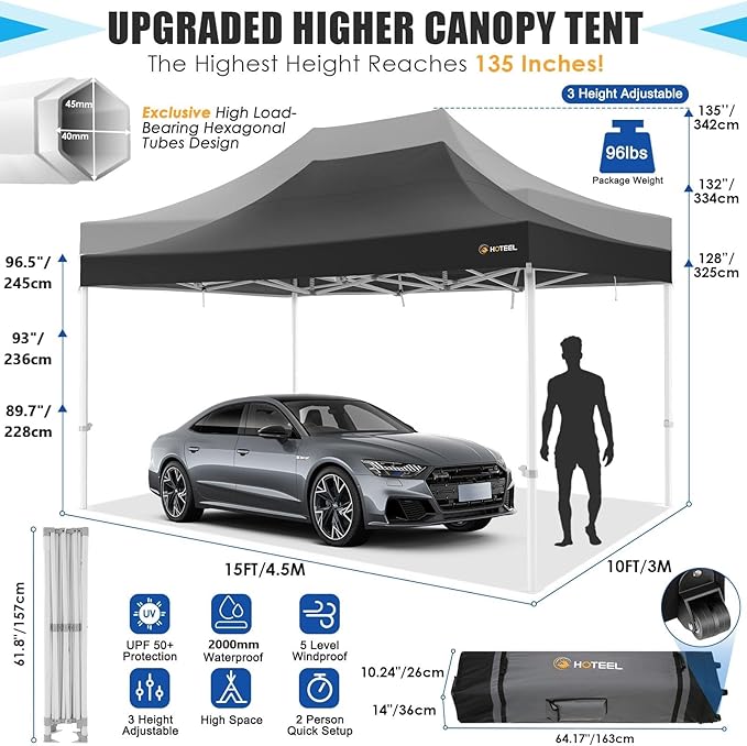 HOTEEL 10x15 Heavy Duty Pop Up Canopy Tent for Parties Event Wedding Commercial Instant Canopy Portable Shelter Folding with Roller Bag, Waterproof UV Resistant, Upgraded Thick Hexagonal Legs, Black