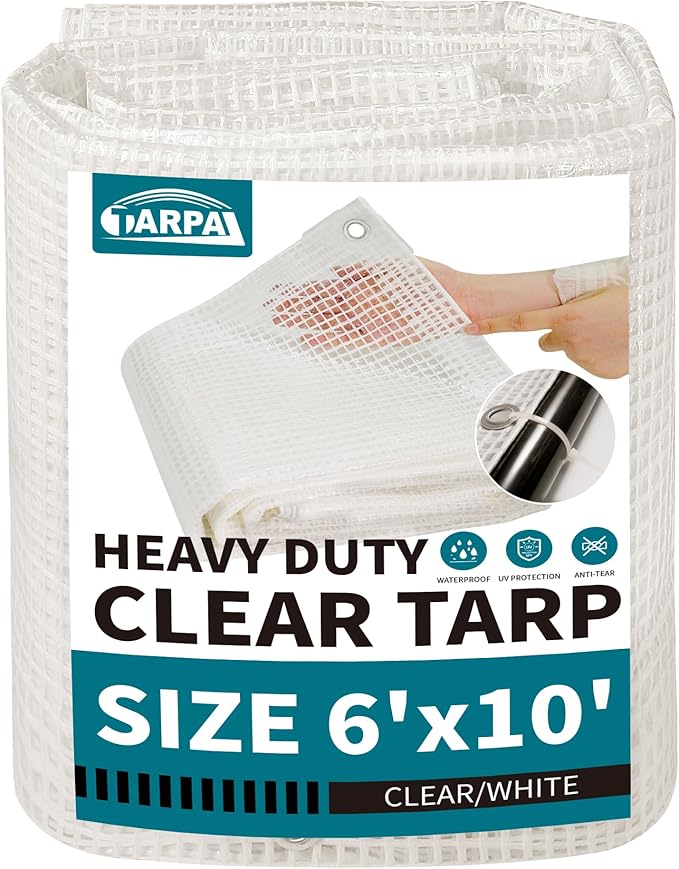 TARPAL 6'x10' Clear White Tarp Heavy Duty Waterproof 12mil with Grommets or Zip Ties for Small Greenhouse for Outdoors Garden,Farm,Chicken Coops