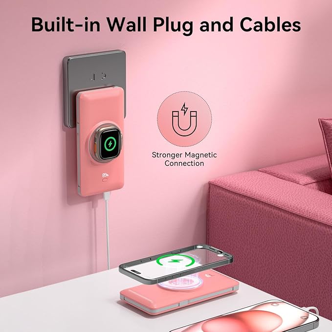 Magnetic 10000mAh Portable Charger for iWatch & iPhone, 22.5W USB C Fast Charging Wireless Power Bank Built-in Cables and Wall Plug, External Travel Battery Pack Compatible with iOS Android Devices
