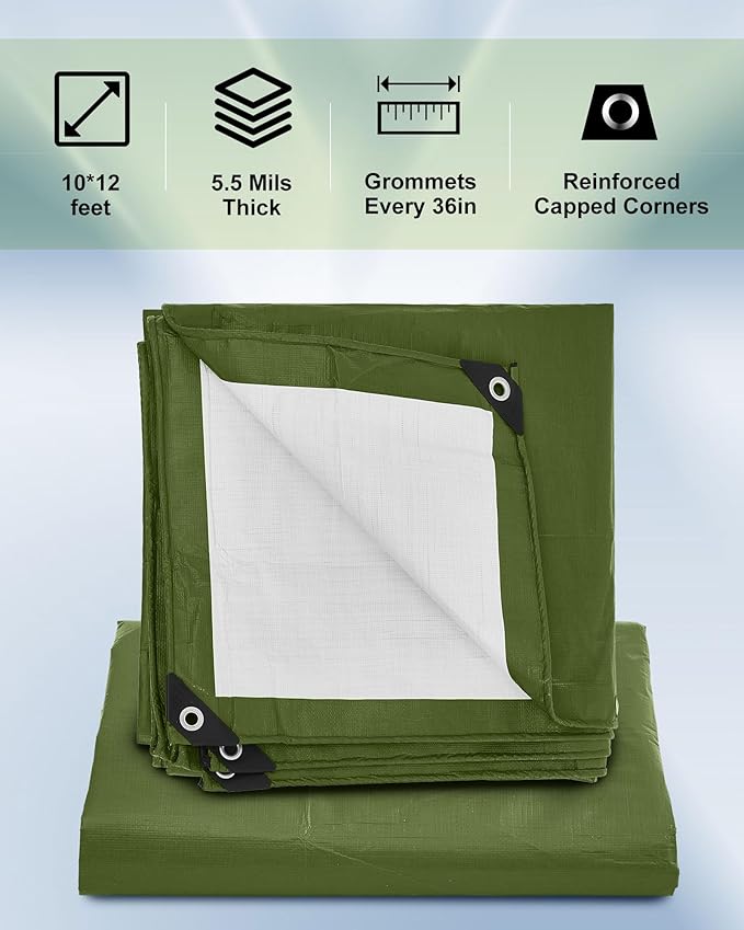 1 Pcs Large Waterproof Tarp 10 x 12 ft Heavy Duty 5.5 Mil Thick Poly Tarpaulin with Grommets Multipurpose Protective Cover for Summer Home Boats Cars Camping RV Pool Tent