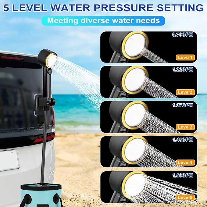 Portable Shower for Camping with 20L Foldable Bucket, 5 Pressure Levels Rechargeable Camping Shower Pump with Camping Light & Intelligent LED Display, 6000mAh Outdoor Shower for Hiking, Travel, Car