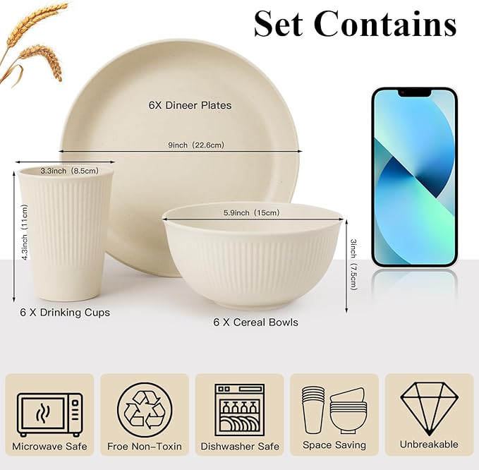 18PCS Wheat Straw Dinnerware Sets Unbreakable Dinnerware Sets Reusable Cups Plates and Bowls Sets Microwave Dinnerware Set for Kitchen Travel Camping