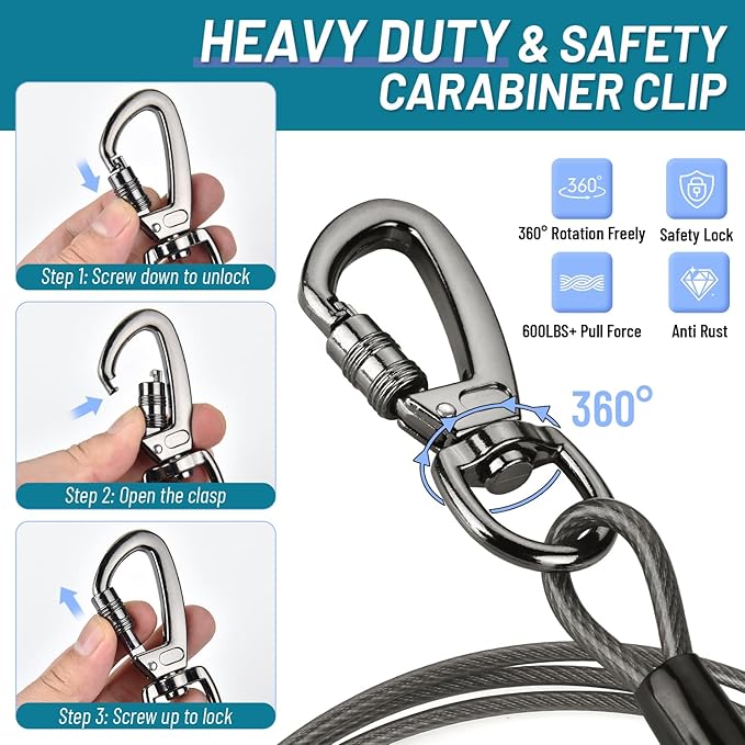 Dog Runner for Yard, Heavy Duty 150FT Dog Runs for Outside with 10FT Tie Out Cable, Trolley System Zipline for Large Dogs Up to 250lbs, Chew Proof Run Cable for Camping
