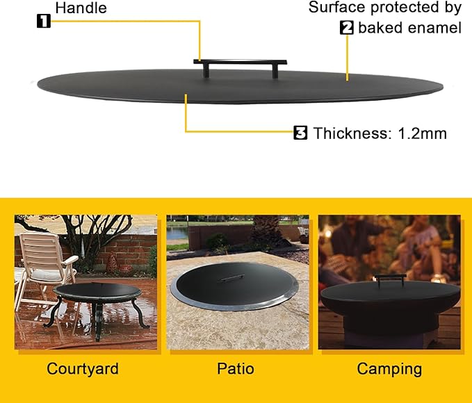 28" Fire Pit Lid Round Outdoor Fireplace Cover Lid Heat Resistant Flat Burner Pan Cover for Round Patio Fire Pit Prevent Sparks, Snuff Campfire