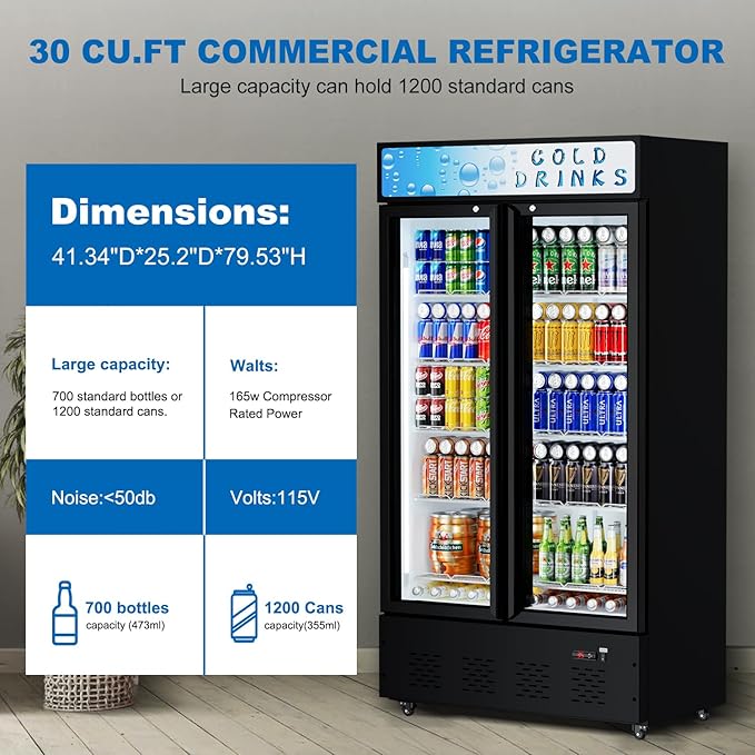 Commercial Glass Door Display Refrigerator 30 cu.ft Cooler Commercial Beverage Refrigerators with LED Light and 10 Shelves for Cafe, Restaurant, Store, Bar