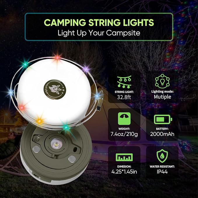 Camping String Lights - Outdoor Rechargeable Camp Lamp with 5+3 Modes, Portable Retractable, Waterproof LED, 32.8 ft, Camping Essentials Accessories