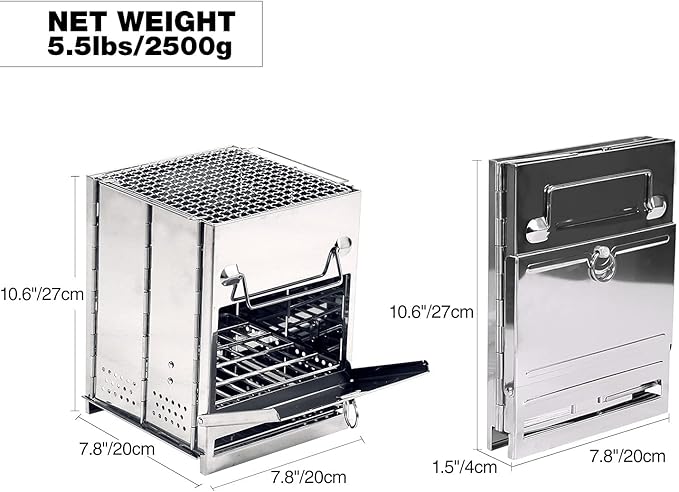 REDCAMP Wood Portable Burning Folding Camp Stove Stainless Steel Grid, Collapsible Backpacking Stove Survival Rocket Stove for Hiking Outdoor Tent Camping Picnic BBQ, Large