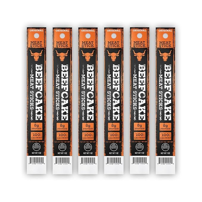 Beefcake Jerky Original Meat Sticks, Smoky Protein Snacks, 8g Protein Zero Sugar, Gluten Free Low Calorie Keto Friendly, Premium Quality Meat Sticks - 6 Sticks