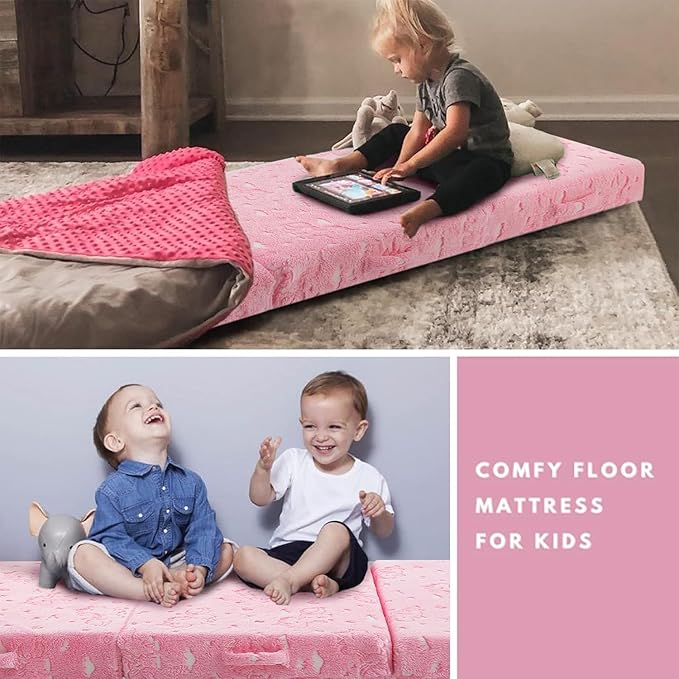MeMoreCool Glow Unicorn Foldable Floor Mattress for Kids, Trifold Nap Mat for Toddlers, Portable Daycare Sleeping Futon or Floor Bed, 75x25 Inch Pink