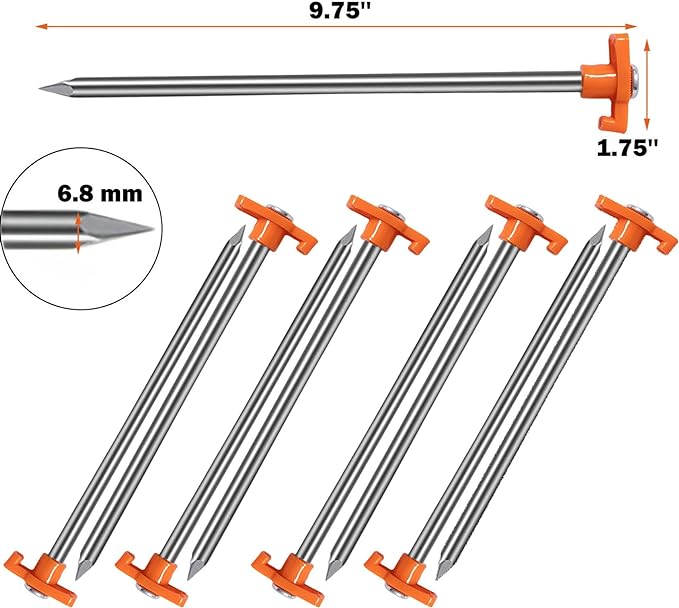 Cheardia 10 Pack Tent Stakes Heavy Duty, 9.75 Inch Yard Stakes Non-Rust Metal Tent Pegs Ground Stakes Tent Spikes for Camping Patio, Garden, Canopies, Grassland, Outdoor,Orange