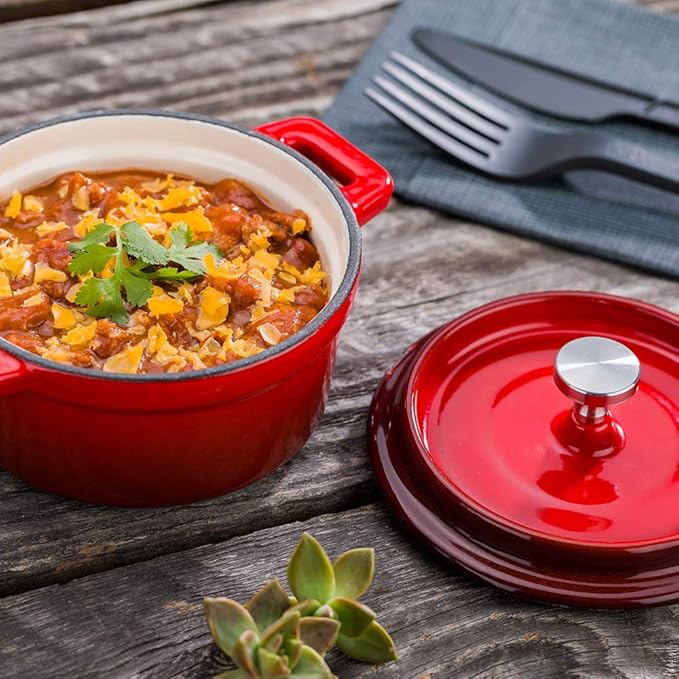 Restaurantware 8 Ounce Mini Casserole Dish 1 Mini Dutch Oven With Lid - Enameled Round Red Cast Iron Mini Cocotte Heavy-Duty For Baking Braising Or Roasting