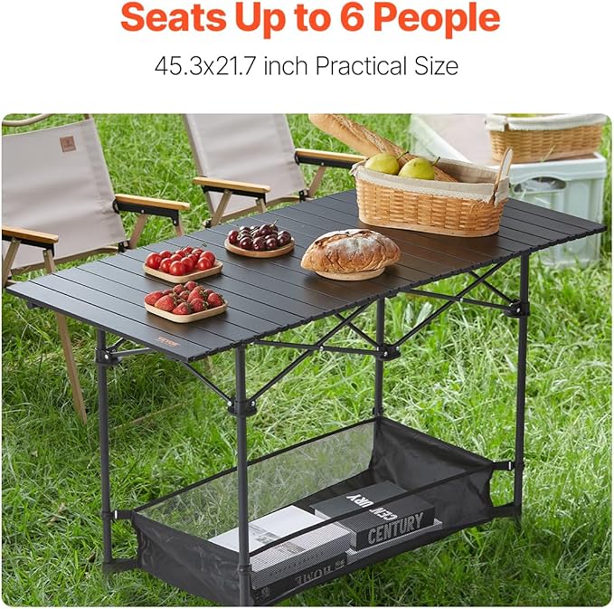 VEVOR Folding Camping Table, Adjustable Height Portable Side Tables, Aluminum MDF Beach Table with Mesh Layer, Carrying Handle, Lightweight Compact for Outdoor Picnic BBQ Cooking (45inch-Black)