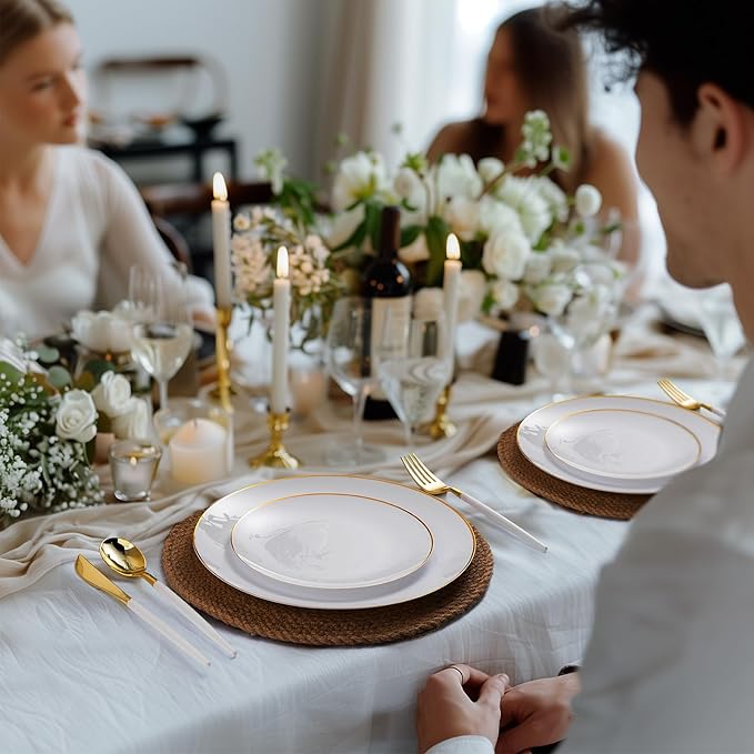 100PCS White Plastic Plates with Gold Rim, White Gold Disposable Plates for Party, Wedding, Include 50 Dinner Plates, 50 Dessert Plates for 50 Guests