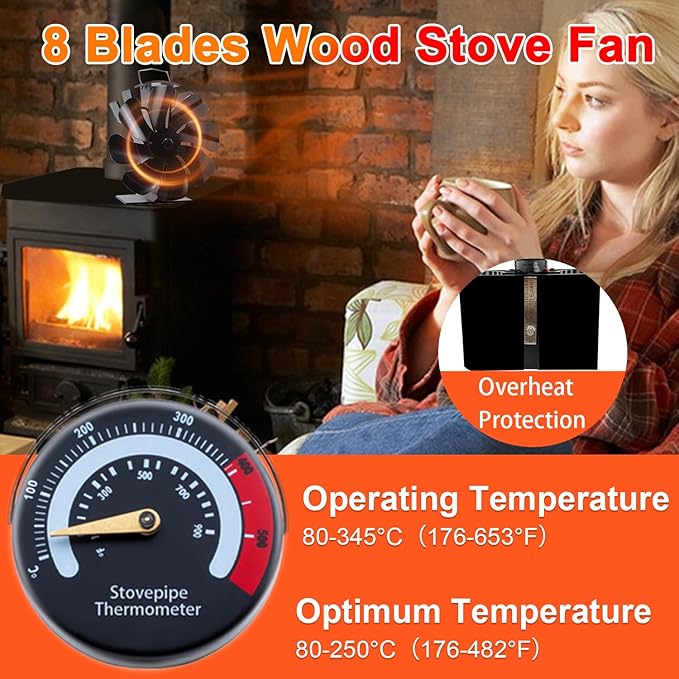 VODA Wood Stove Fan Heat Powered Fireplace Fans Non Electric, 8 Blades Heat Activated Thermal Fan for Wood Burning Stove/Pallet/Log Burner, w/Stove Accessories Thermometer